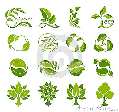 Leaves and trees icons set. Collection of logos for fresh and ecological products Vector Illustration